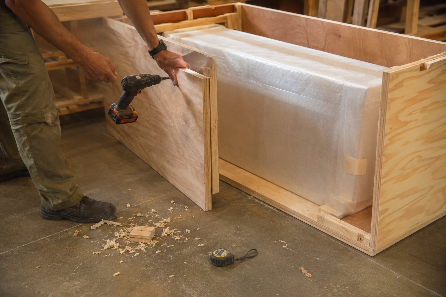 A custom plywood crate being assembled around a large framed artwork wrapped in protective material