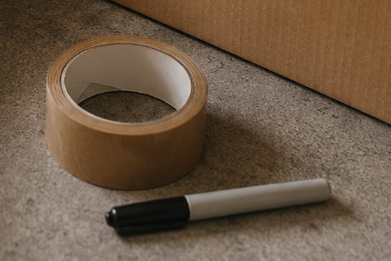 A roll of paper packing tape and a marker pen on a kitchen counter