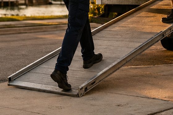 A mover's boots on the metal loading ramp at the tailboard of a moving truck