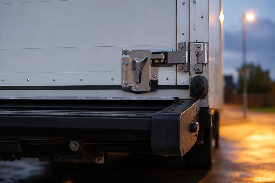 Close detail of the rear roll-door latch and bumper of an unmarked box truck at dusk