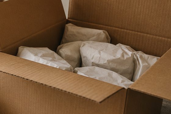 Paper-wrapped plates standing on edge inside an open moving carton
