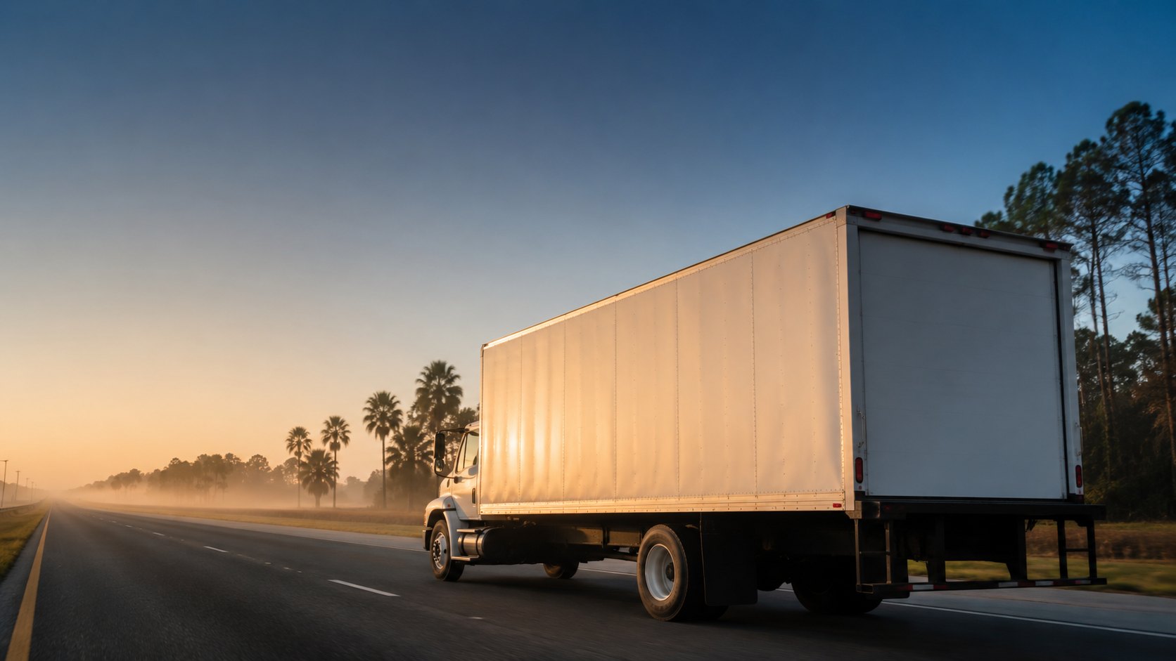 Unmarked box truck on an open interstate highway at dawn, heading north out of South Florida