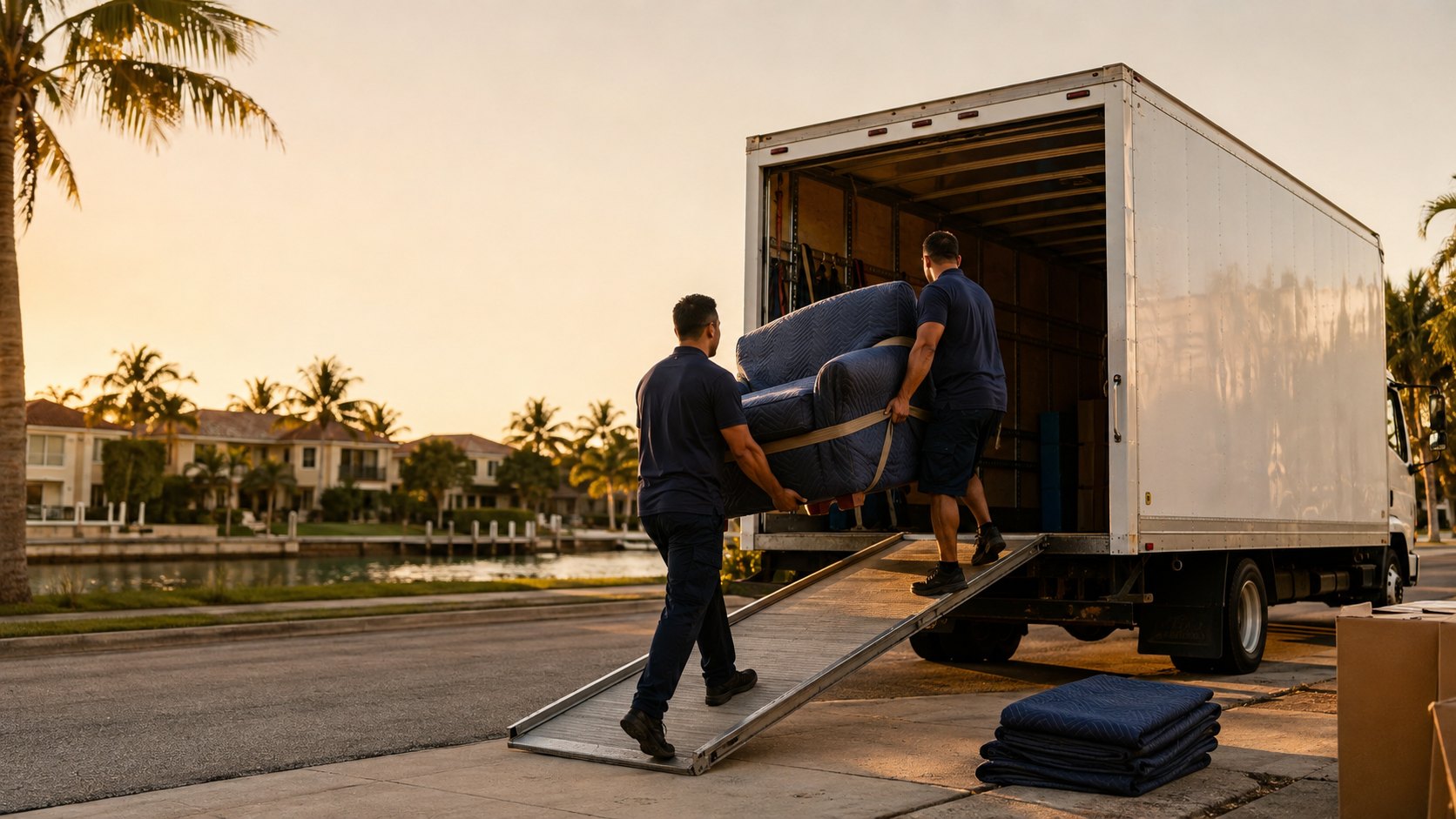 Movers lifting a blanket-wrapped armchair into the back of an unmarked moving truck at golden hour in South Florida