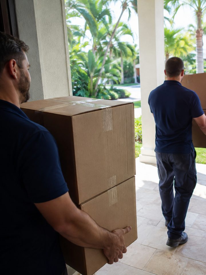 A mover carrying stacked cartons through a front doorway while a second mover walks the path behind him