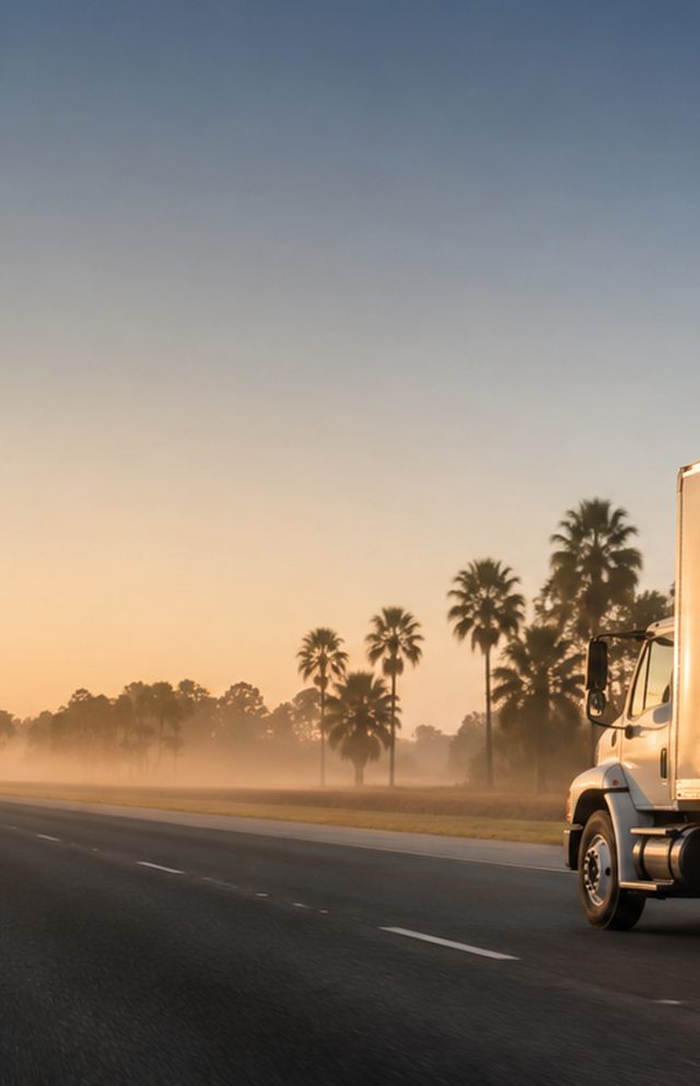 Unmarked box truck on an open interstate highway at dawn, seen from the shoulder of the northbound lane