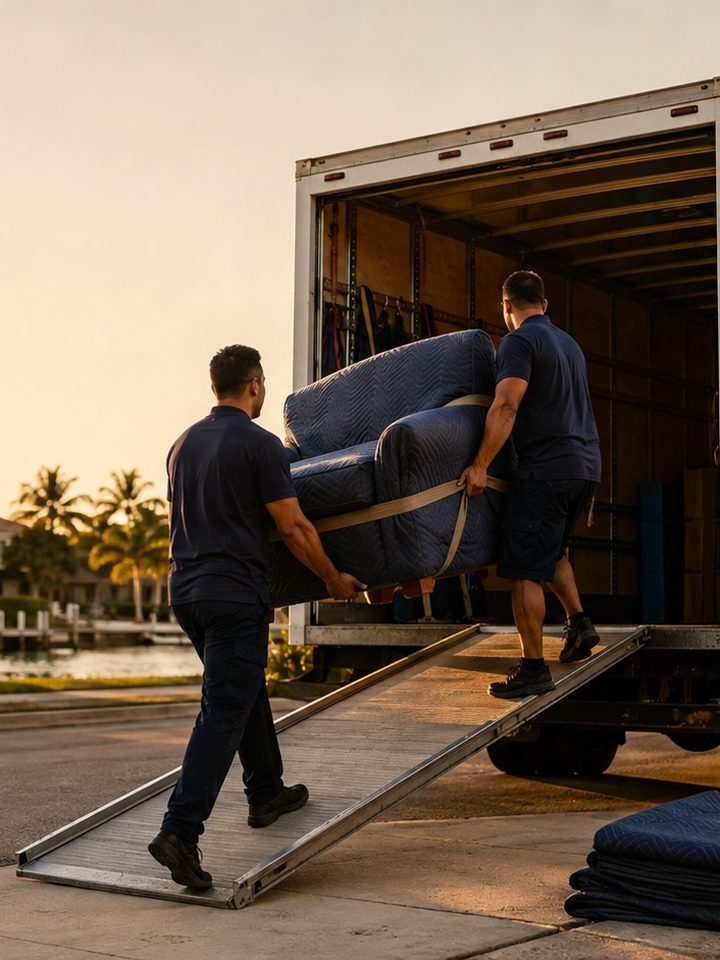 Two movers carrying a blanket-wrapped sofa up a loading ramp into an unmarked moving truck at golden hour