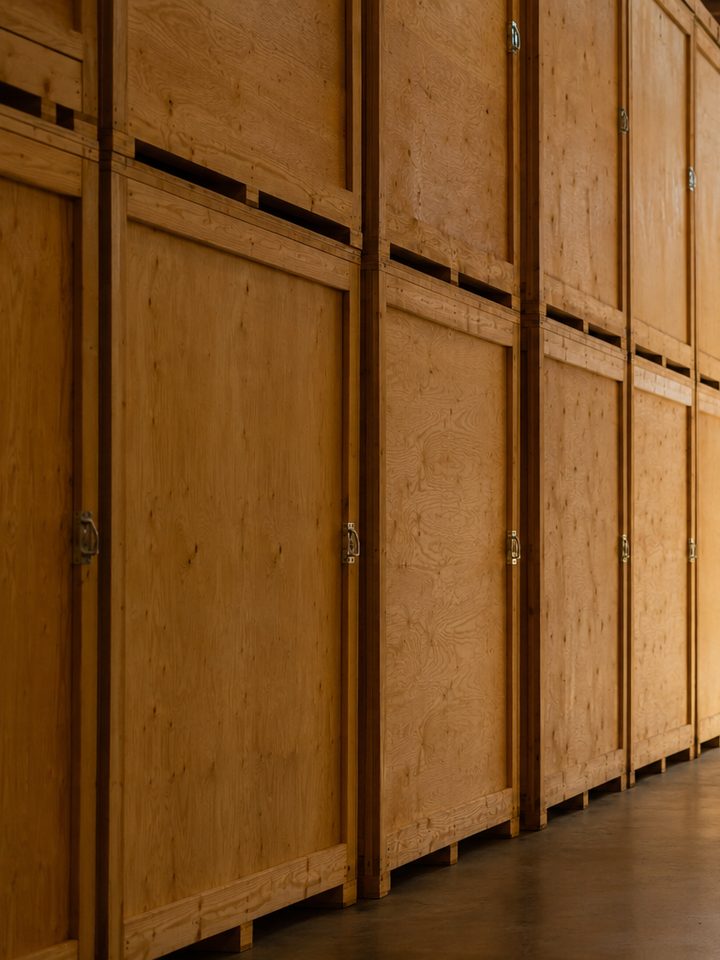 A wall of stacked wooden storage vaults running down a warehouse aisle