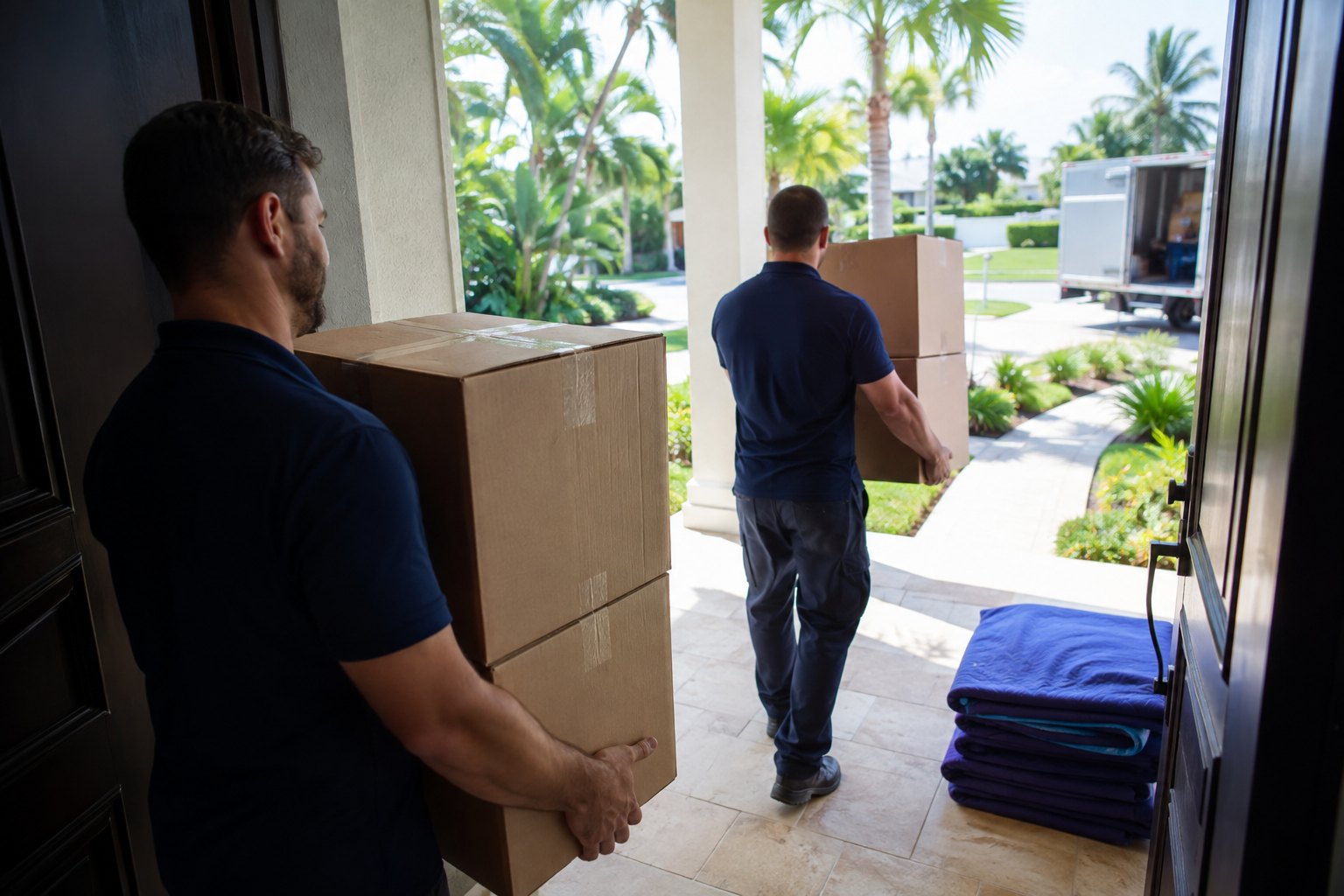 Two movers carrying stacked cartons through the front door of a house on delivery day