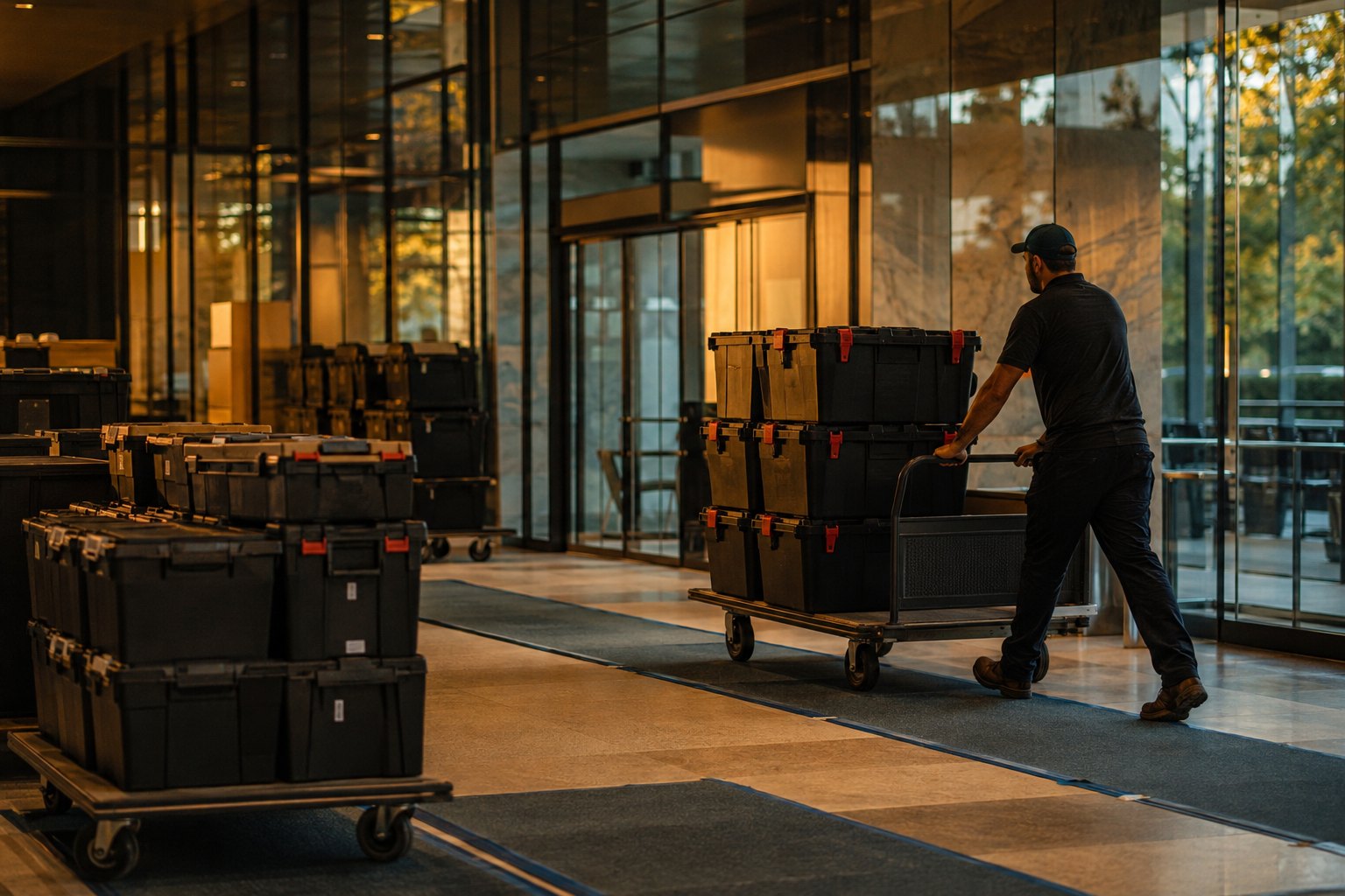 Loaded file carts and stacked crates staged in an office lobby during a commercial relocation