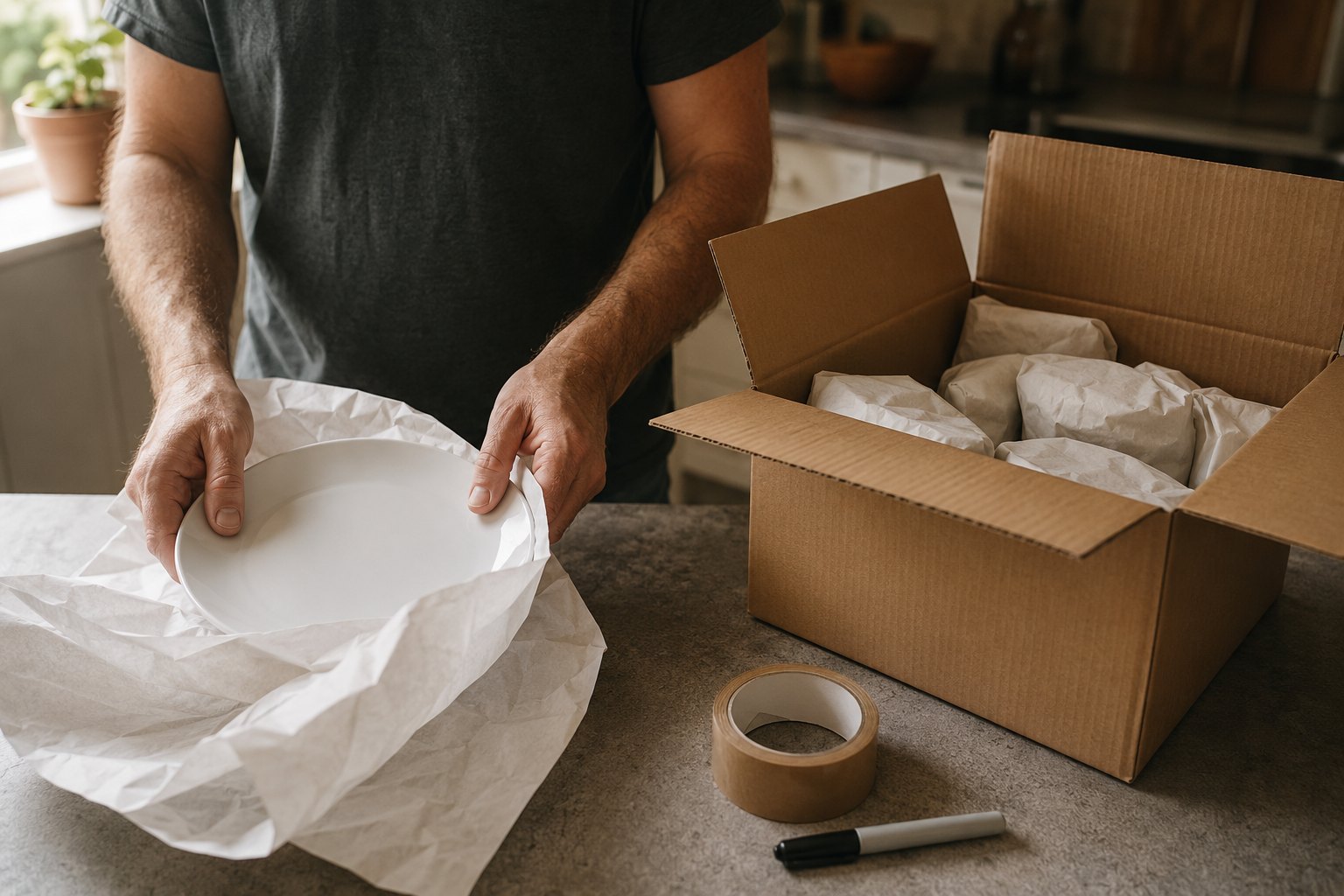 Close view of hands wrapping a dinner plate in packing paper beside an open moving box on a kitchen counter