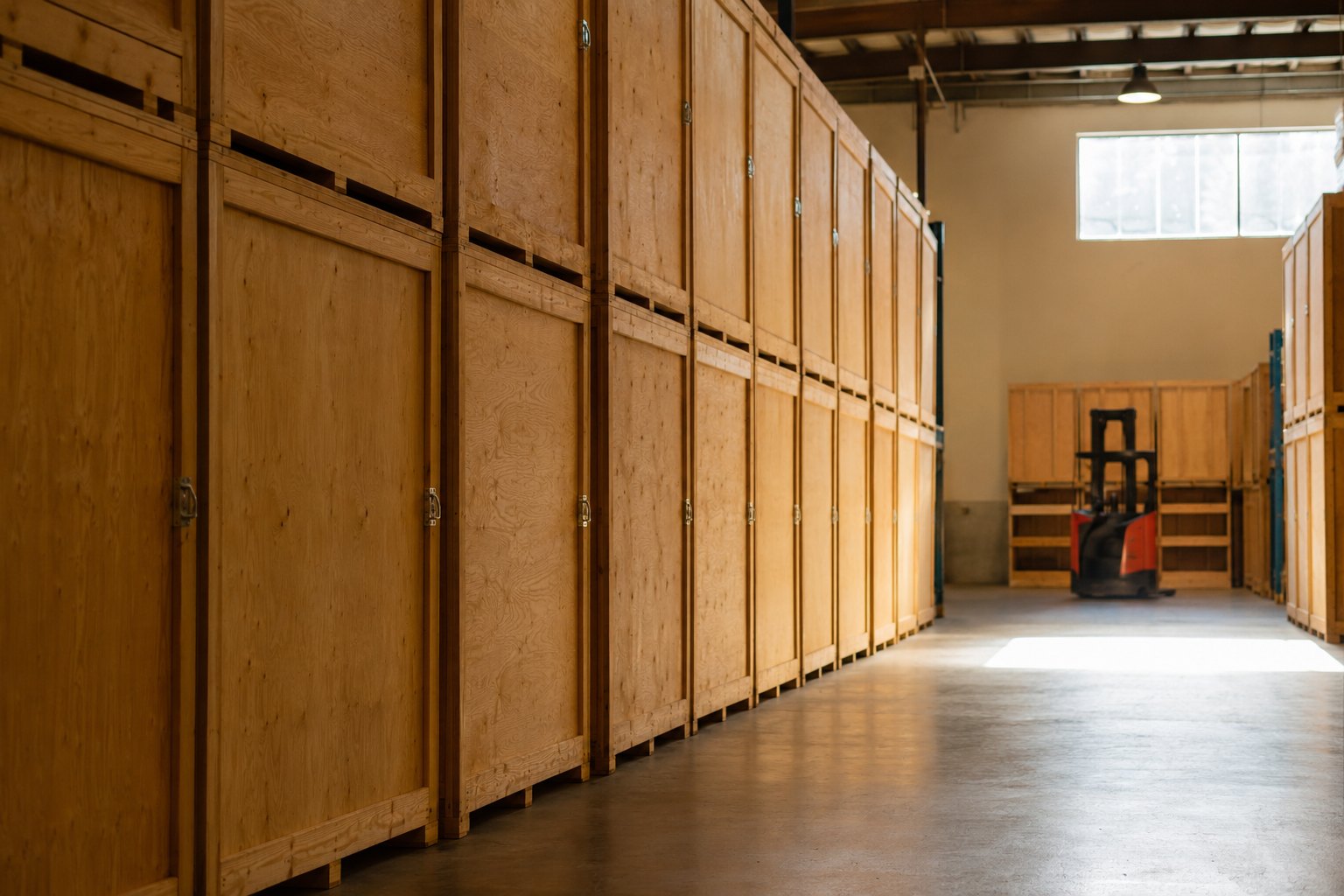 Stacked wooden storage vaults for household goods in a clean, well-lit warehouse aisle